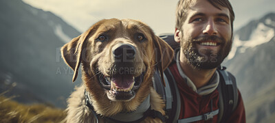 Man hiking with dog. Portrait of male and dog on a hiking trail. For fitness and exploration