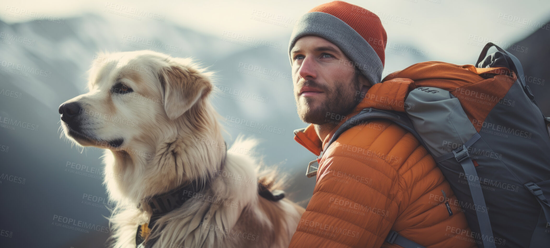 Buy stock photo Man hiking with dog. Portrait of male and dog on a hiking trail. For fitness and exploration