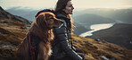 Girl hiking with dog. Portrait of woman and dog on a hiking trail. For fitness and exploration