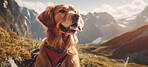Happy portrait of a dog sitting. Background of mountains and blue sky. Fit dog or companion