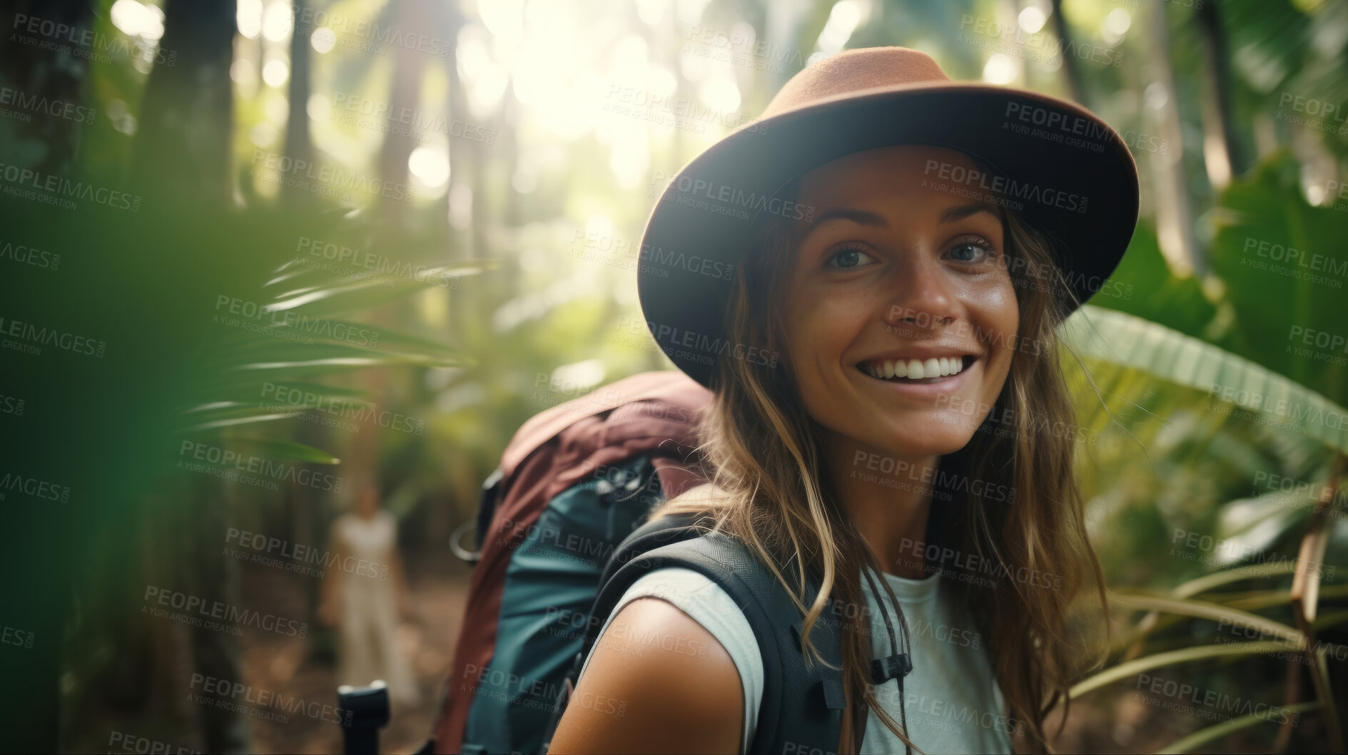 Buy stock photo Portrait of a female hiking in a forest. Happy, smiling and looking. Cheerful forest hiker