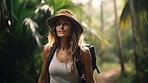 Portrait of a female hiking in a forest. Happy, smiling and looking. Cheerful forest hiker