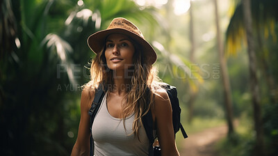 Buy stock photo Portrait of a female hiking in a forest. Happy, smiling and looking. Cheerful forest hiker
