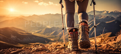 Buy stock photo Closeup of hiking boots. trekking up a rocky mountain trail. Exploration and fitness