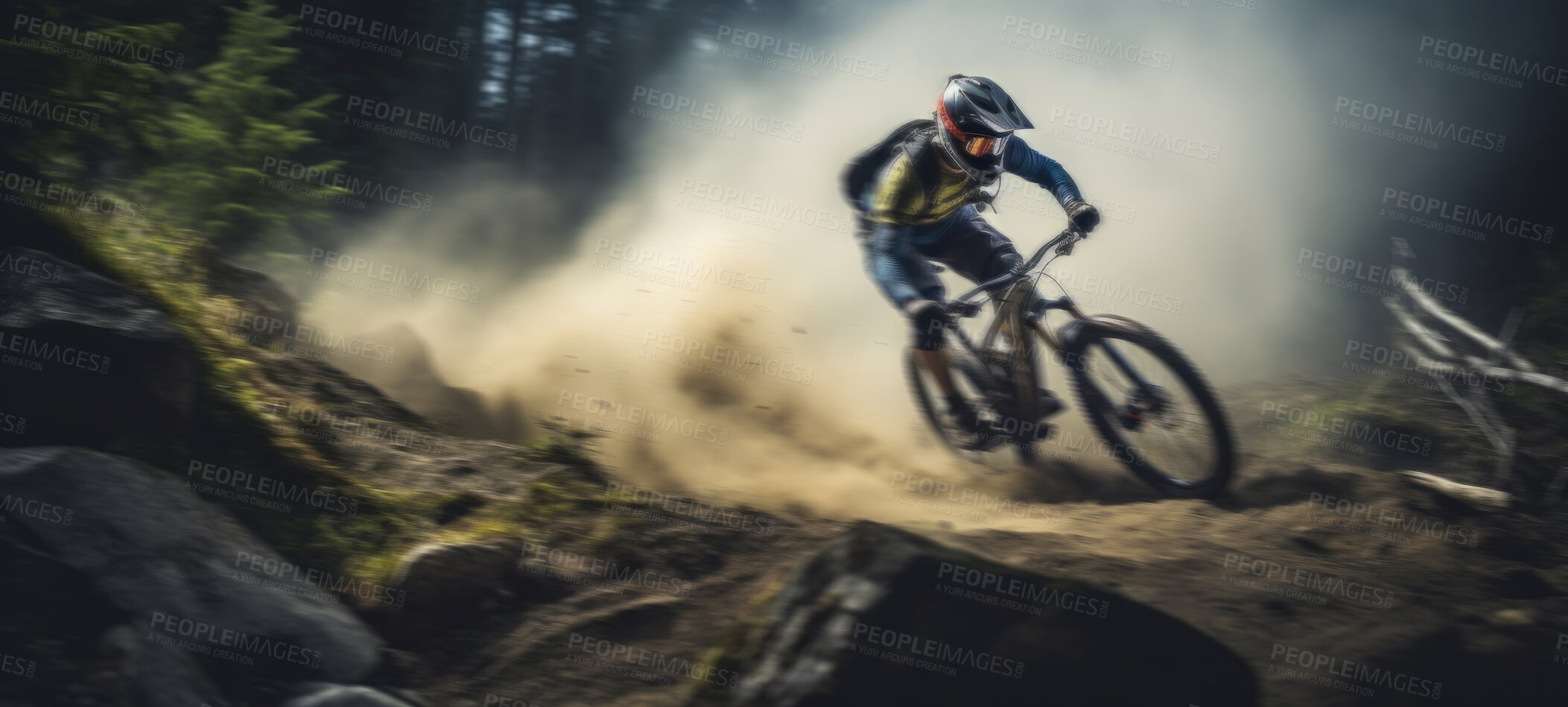Buy stock photo Fit mountain biker speeding downhill on a bike track in the forest or woods. Extreme sport