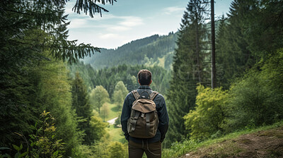 Buy stock photo A man standing in the middle of a forest admiring the beautiful nature view. Explore and travel