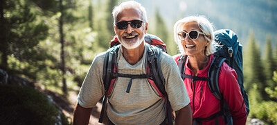 Buy stock photo Senior couple hike and fitness. Happy mature couple enjoying a hike and explore in nature