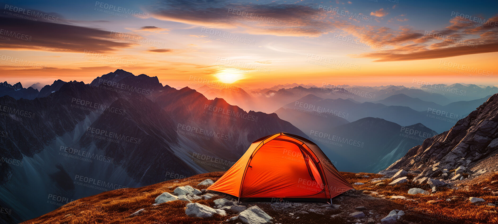Buy stock photo Orange camping tent on a mountain. Tourist camp and sunset or sunrise background