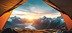 A camping tent in a nature. Mountain sunset or sunrise view from inside the tent