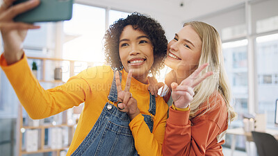 Girl friends, happy and selfie in home with peace sign and social media photo for post at home. Smile, profile picture and friendship of young women together in a living room with funny hand gesture
