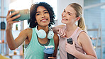 Fitness, friends and selfie in living room with peace, tongue out and fun yoga training at home. Phone, profile picture and women health influencer smile for pilates blog, social media or podcast