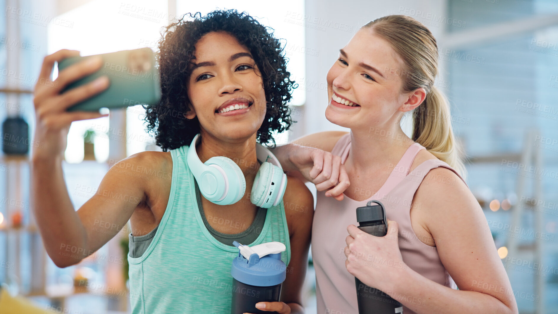 Buy stock photo Fitness, friends and selfie in living room with peace, tongue out and fun yoga training at home. Phone, profile picture and women health influencer smile for pilates blog, social media or podcast