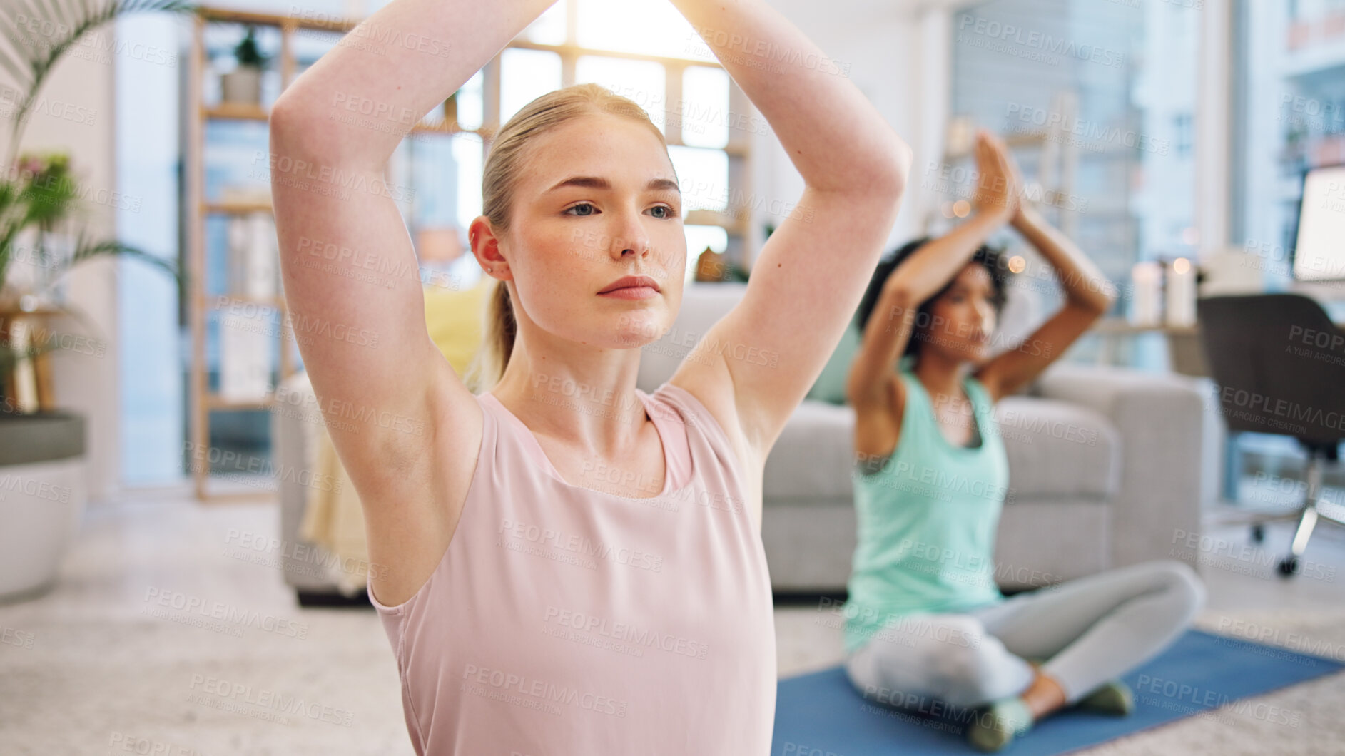 Buy stock photo Yoga, breathing exercise and women in home together, fitness and mindfulness training in living room. Balance, meditation and workout friends in holistic exercise, peace and zen health in apartment.