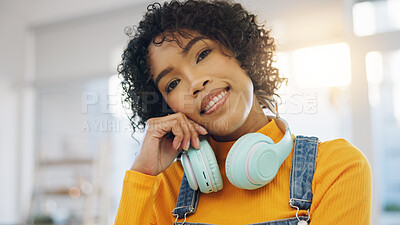 Buy stock photo Face, home and woman with headphones, relax and streaming music with sound, audio and peace. Portrait, happy person or girl in a living room, headset and podcast with casual outfit, comfort and songs