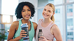 Fitness, friends and face of women hug at a sports studio after yoga, training or workout together. Exercise, portrait and happy woman embrace personal trainer at gym for pilates, wellness or health