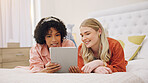 Couple of friends, tablet and bedroom for social media, movie streaming service and film choice. Young women relax on bed and scroll on digital technology for video, internet and website at home