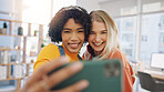 Friends, happy and selfie at home with funny peace hand sign and social media photo for post at home. Smile, profile picture and friendship of young women in living room with bunny ears gesture