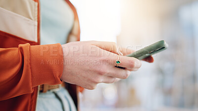 Woman, hands and scroll on smartphone in home, reading social media post and subscription online. Closeup of person typing chat on phone, download mobile games and search digital network for tech app
