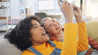 Girl friends, selfie and living room sofa in home with smile, memory and relax together with social media. Gen z women, students and happy on lounge couch for photography, profile picture or web blog