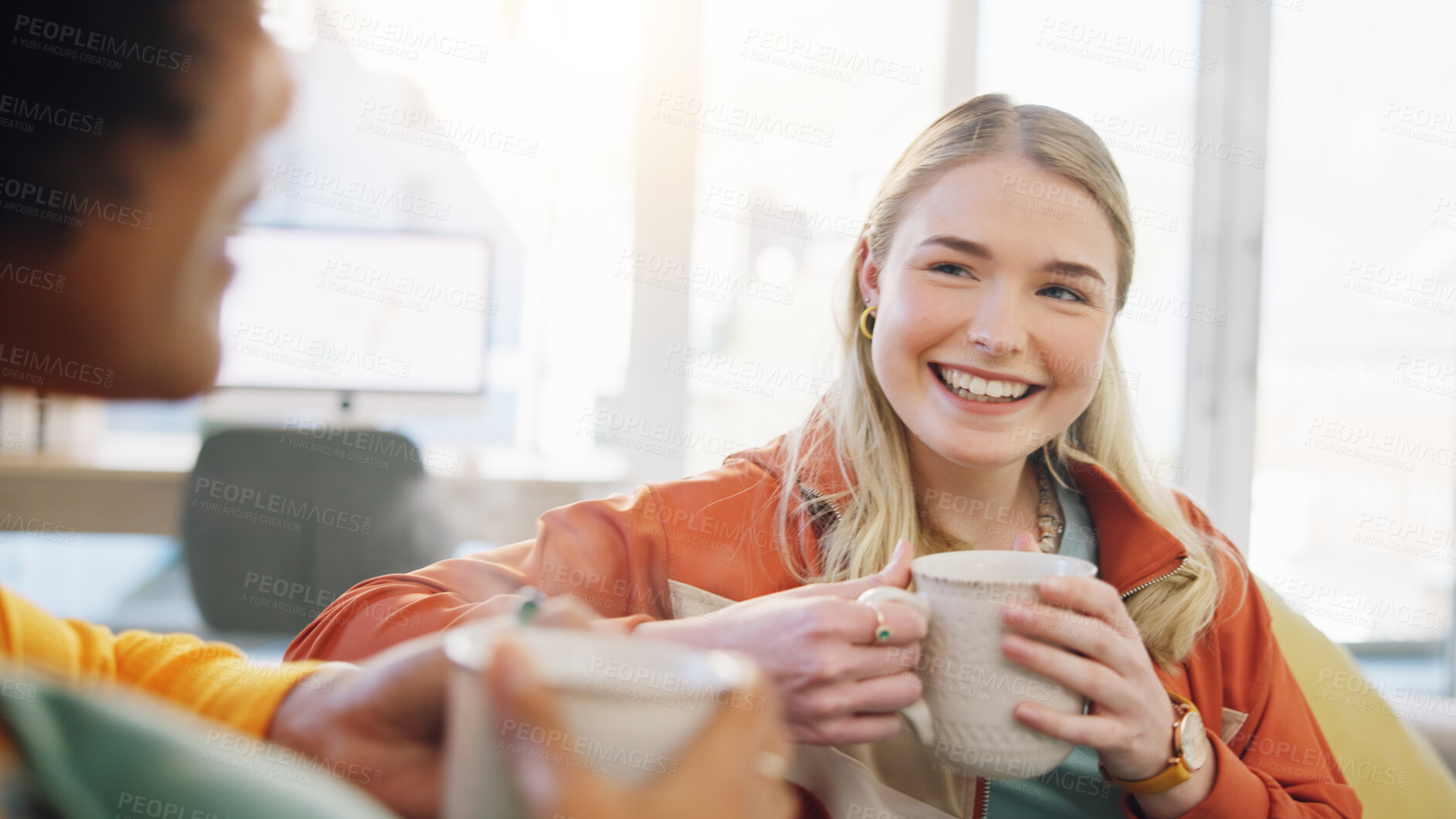 Buy stock photo Coffee, friends and women in conversation in home on sofa, bonding or having fun together. Happy, girls talking and tea in lounge, smile and people drink espresso in living room of interracial house