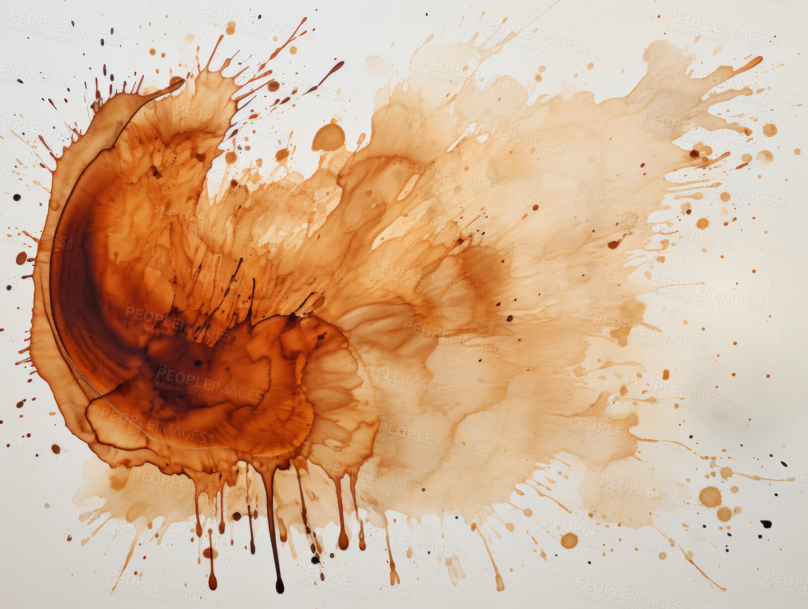 Buy stock photo Splash, coffee stain and design with art, painting and decoration for texture, creative and background. Ai generated, banner and pattern with abstract fantasy and colours.