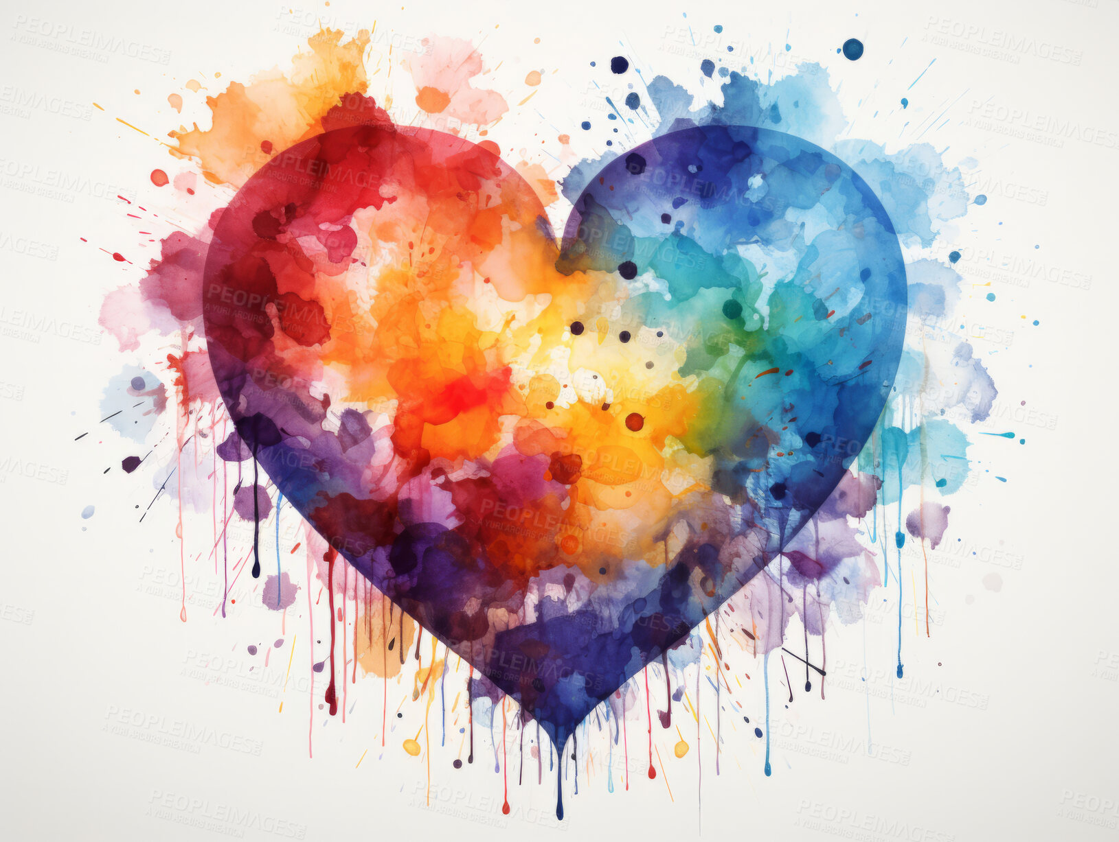 Buy stock photo Heart, watercolour and design with art, painting and decoration for texture, creative and background. Ai generated, banner and pattern with abstract fantasy and colours.