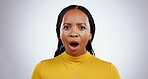 Portrait, surprise and black woman with gossip, announcement and reaction on white studio background. Face, model or African person with emotion, news and open mouth with winner, expression and emoji