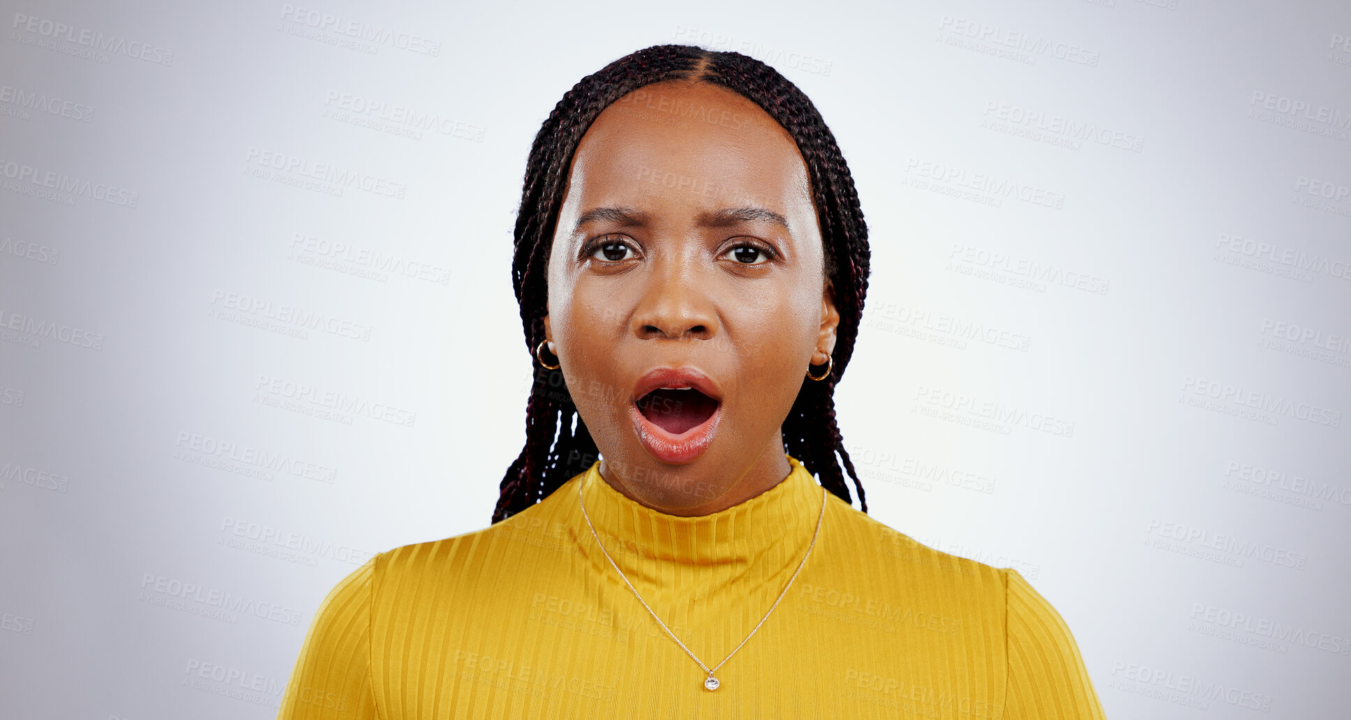 Buy stock photo Portrait, surprise and black woman with gossip, announcement and reaction on white studio background. Face, model or African person with emotion, news and open mouth with winner, expression and emoji