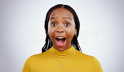 Buy stock photo Woman, portrait and wow in studio for surprise, college discount and announcement of win by white background. Young student, african person and shocked face for savings, promotion and mock up space