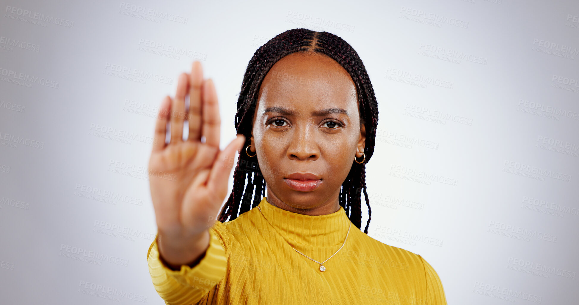 Buy stock photo Stop hand, black woman and angry portrait with protest, caution and palm sign in a studio. Warning, white background and serious African female person with refuse, rejection and forbidden gesture