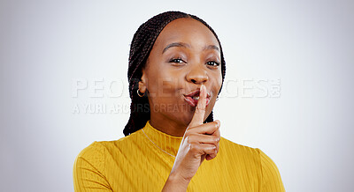 Buy stock photo Secret, woman and portrait with finger on lips in studio for sign of privacy, confidential deal and surprise on white background. Face of african model show quiet emoji for gossip, news and whisper 