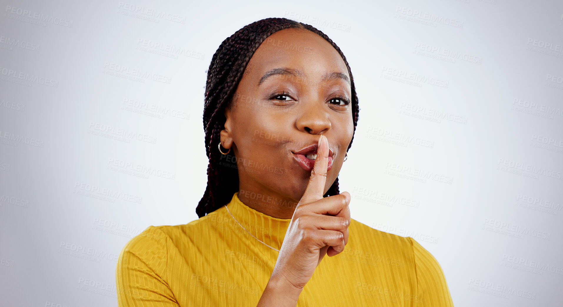 Buy stock photo Secret, woman and portrait with finger on lips in studio for sign of privacy, confidential deal and surprise on white background. Face of african model show quiet emoji for gossip, news and whisper 