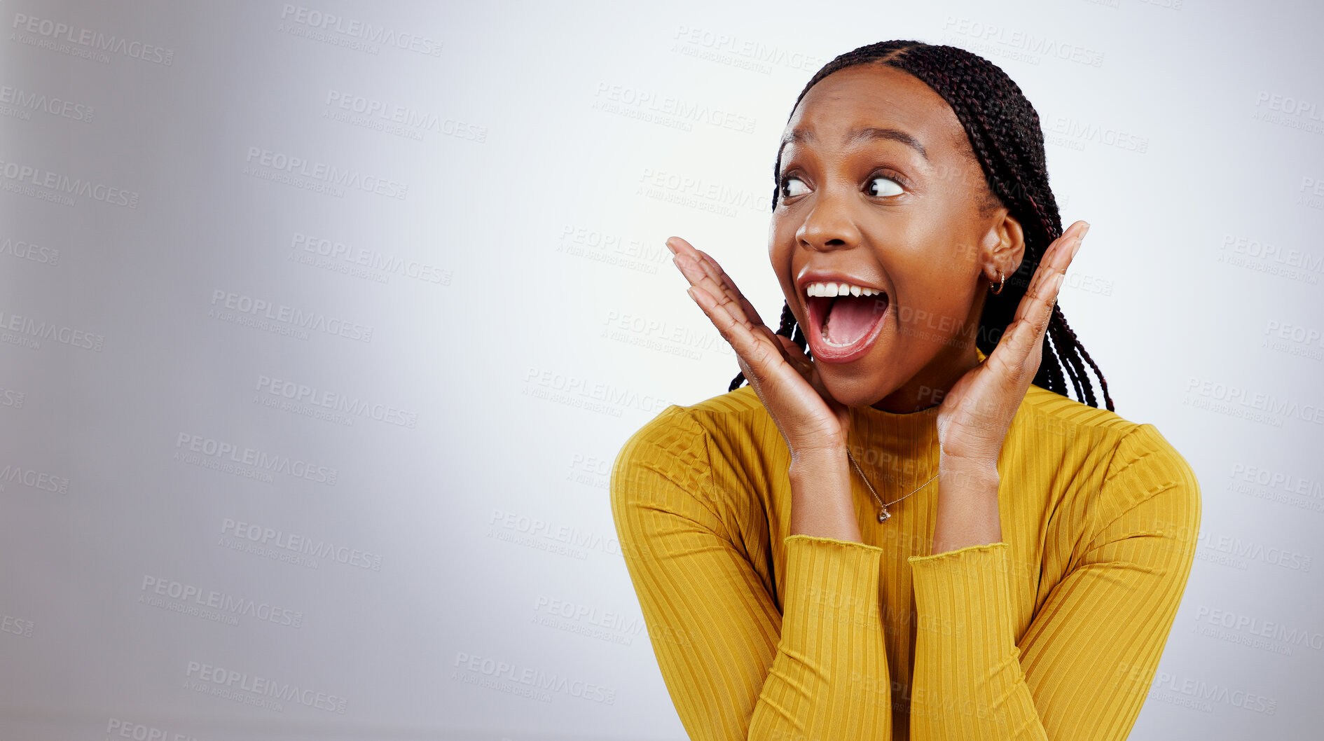 Buy stock photo Surprise, wow and black woman with mockup in studio for announcement, news or promo on grey background. Omg, emoji and excited African female model with secret, deal or prize giveaway, lotto or info