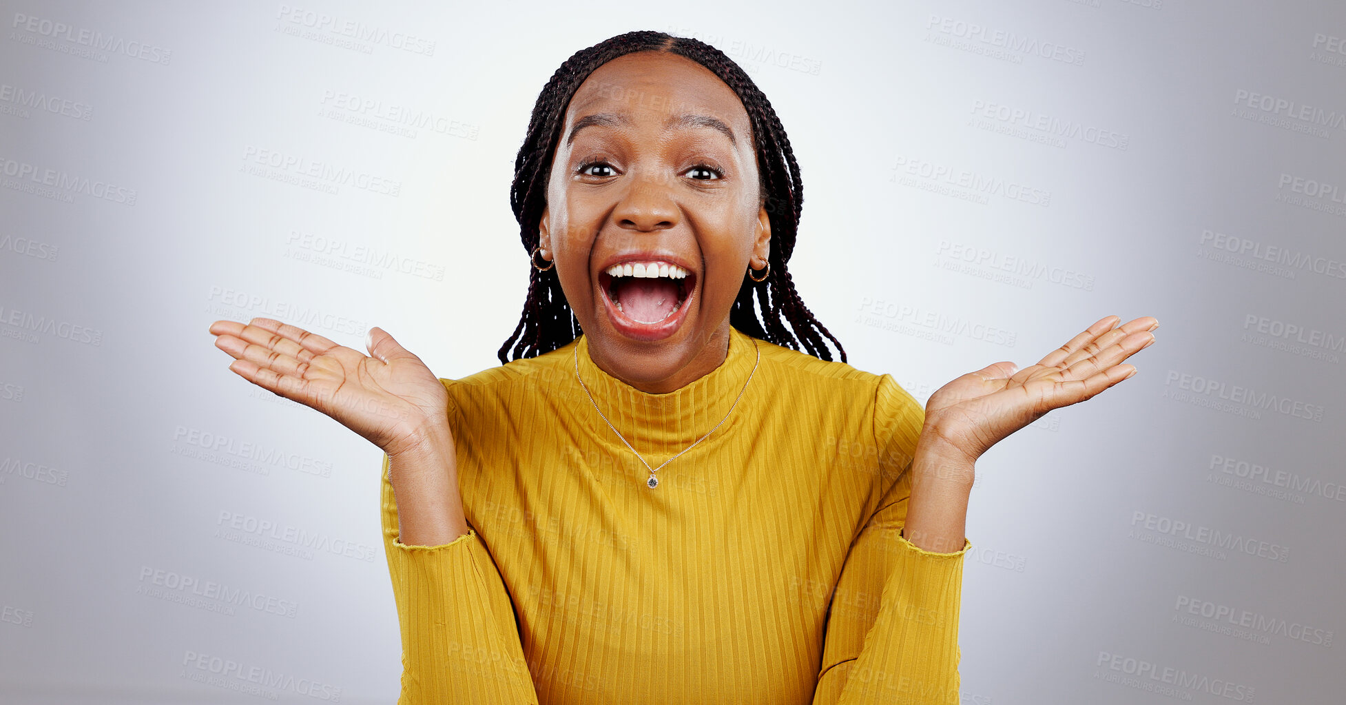 Buy stock photo Wow, portrait and excited black woman in studio happy with competition news, prize or bonus on grey background. Surprise, omg or face of happy female winner with mind blown emoji or lotto results