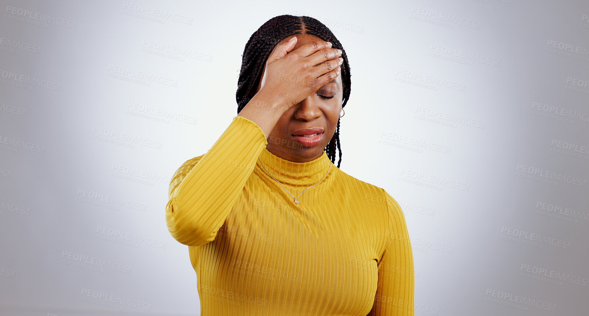 Buy stock photo Headache, black woman and pain with stress, anxiety and problem from vertigo in studio. White background, African female person and mental health with fatigue and sick from migraine, fail or grief