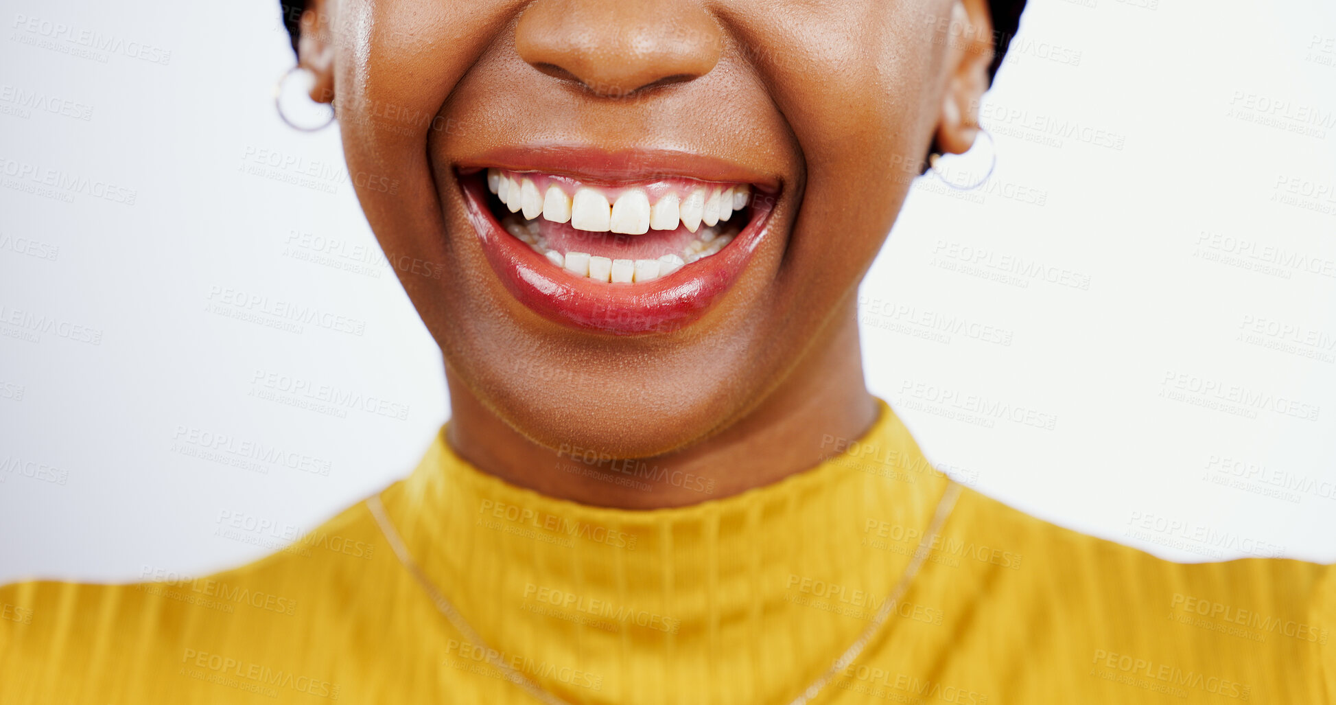 Buy stock photo Teeth whitening, smile and closeup of black woman and mouth, lips or happiness in studio white background. Dental, healthcare or happy with veneers from orthodontics and half of face at dentist