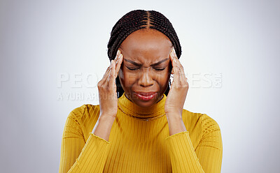 Buy stock photo Stress, pain and black woman with a headache, frustrated and tension on a white studio background. African person, girl and model with a migraine, depression and strain with mind fatigue or emergency