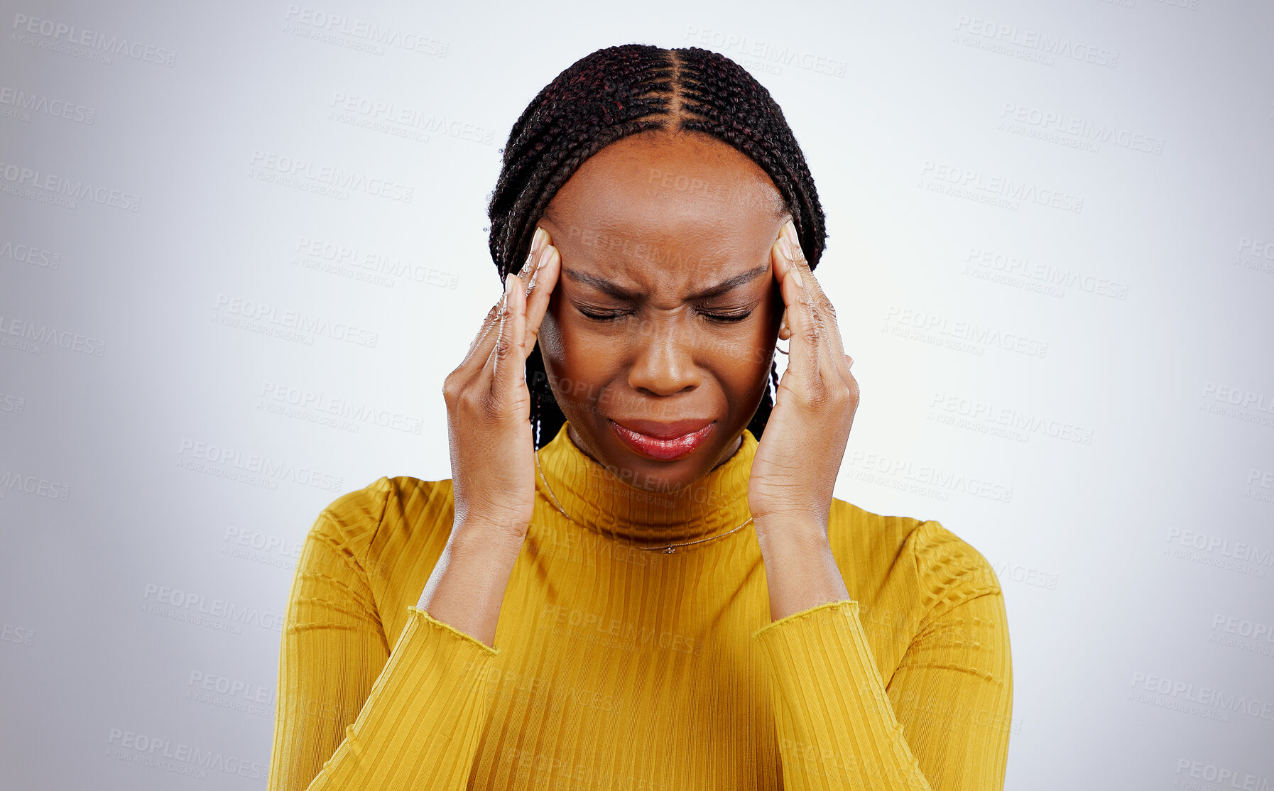 Buy stock photo Stress, pain and black woman with a headache, frustrated and tension on a white studio background. African person, girl and model with a migraine, depression and strain with mind fatigue or emergency