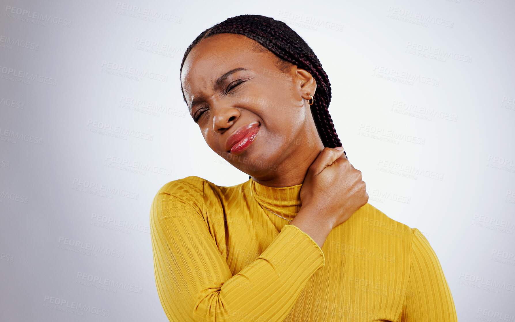 Buy stock photo Woman, neck pain and stress or injury, studio and inflammation by gray background or tired. Black female person, frustrated and joint or muscle arthritis, massage and strain or tension of nerve