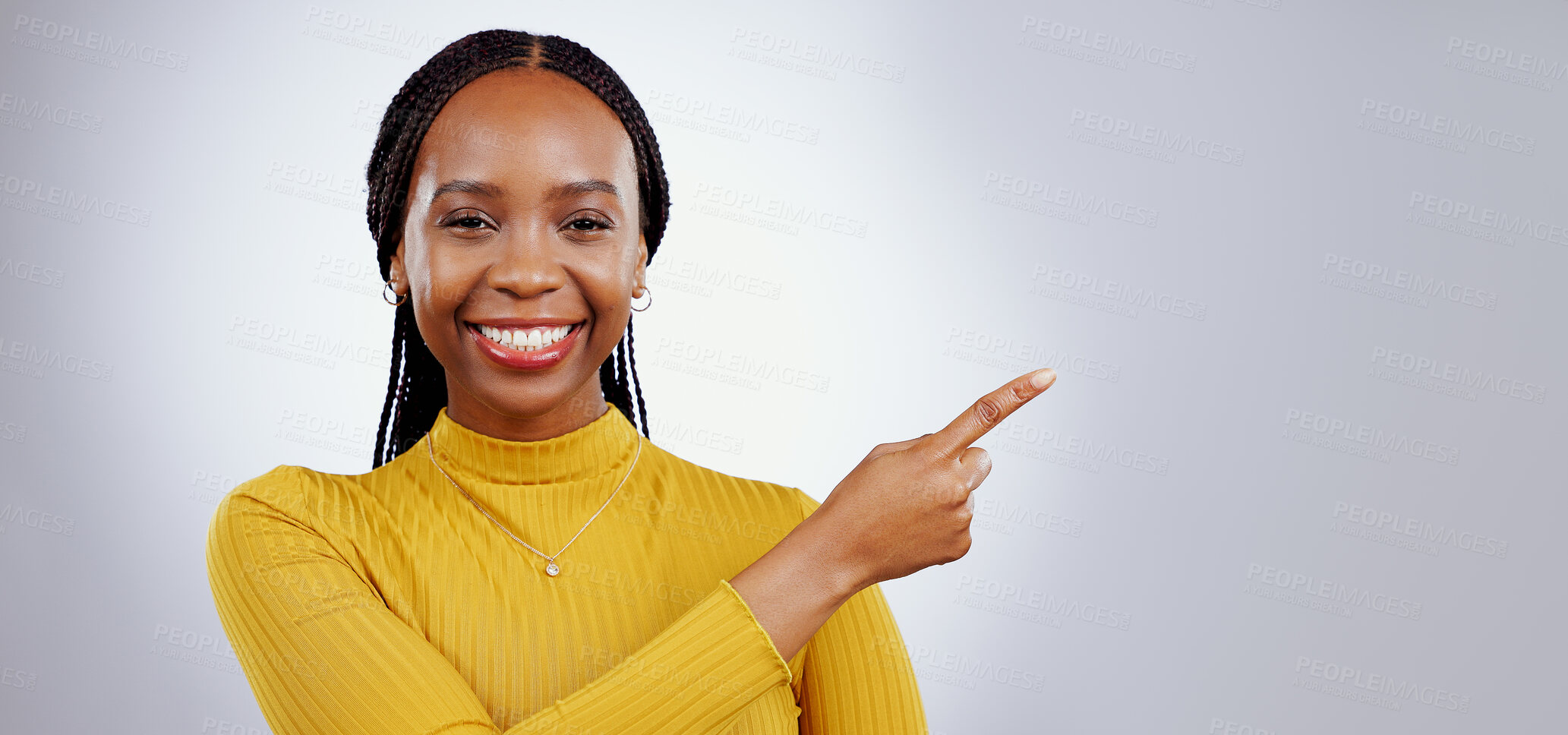 Buy stock photo Portrait, smile and black woman with hand pointing in studio for presentation, checklist or promo on grey background. Timeline, schedule and face of female model show faq, menu or step, guide or info