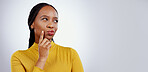 Woman, face and thinking in studio of ideas, mindfulness and solution for problem solving on white background. Black person, thoughtful and wondering for business or creative plan on mock up space