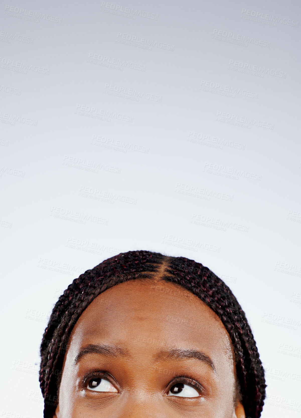 Buy stock photo Thinking, face and eyes of black woman with question, solution or remember ideas in white background. Mockup, space and person with a memory, choice or creative planning and problem solving in studio