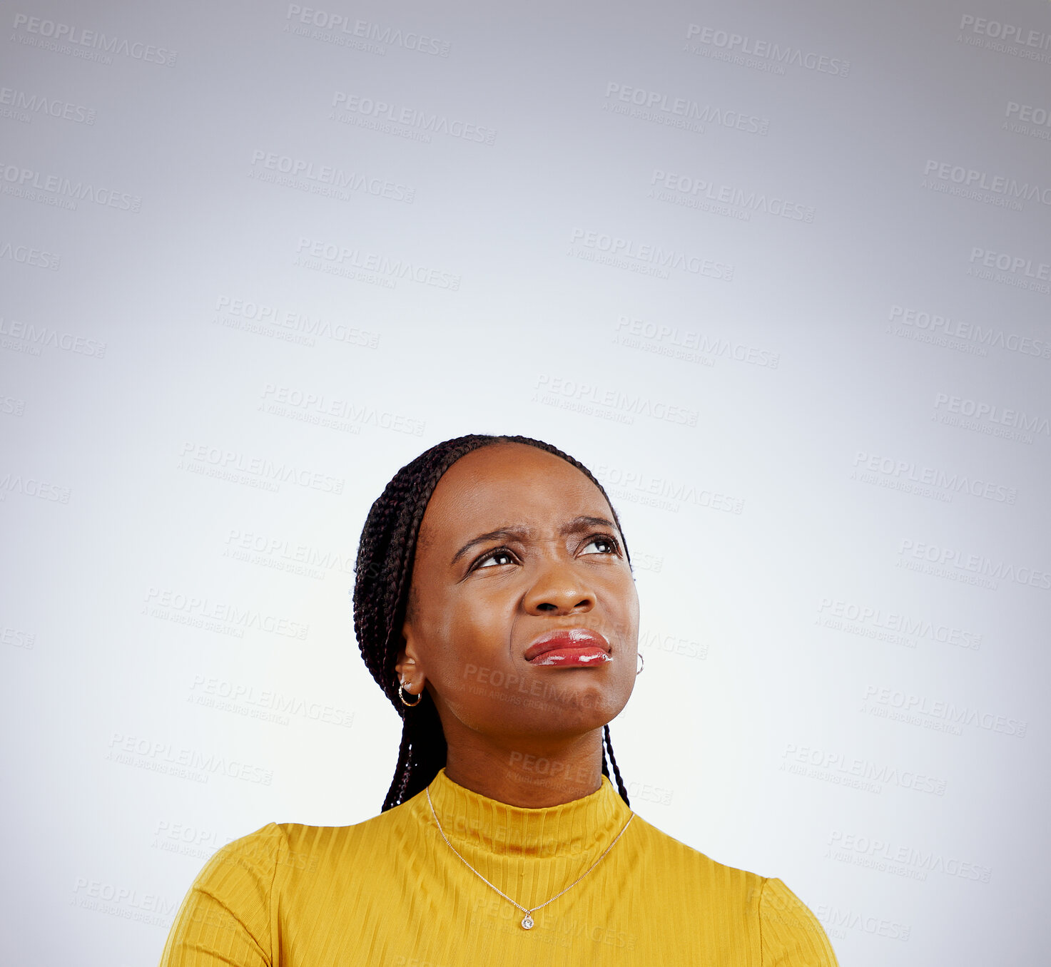 Buy stock photo Woman, thinking and doubt for confused, decision and problem solving with idea by grey background. Student, african and trendy youth in brainstorming or university choice, education and studio mockup