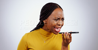 Buy stock photo Phone, black woman and angry from scam conversation and anxiety from problem and fail. Studio, white background and frustrated female person with spam communication and identity theft mistake