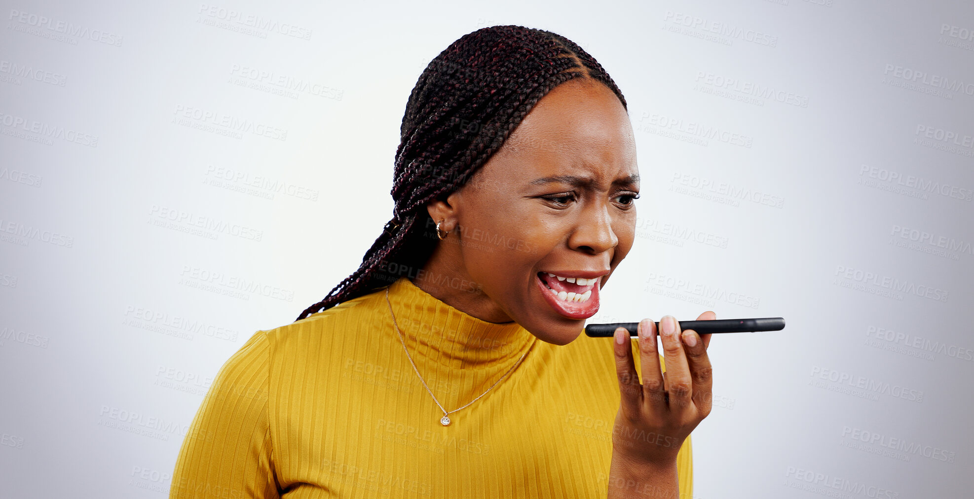 Buy stock photo Phone, black woman and angry from scam conversation and anxiety from problem and fail. Studio, white background and frustrated female person with spam communication and identity theft mistake