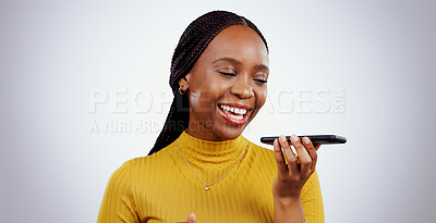 Buy stock photo Phone call, loudspeaker or happy black woman in studio talking, gossip or chat on grey background. Voice app, record or African lady in conversation or speaking of good news, feedback or networking