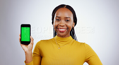 Buy stock photo Happy woman, phone and green screen of marketing mockup, online presentation or news on white background. Portrait of african person on mobile app, website design space and tracking markers in studio