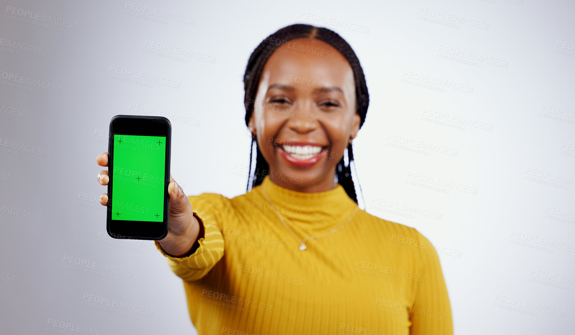 Buy stock photo Woman, student and phone green screen for marketing mockup, e learning sign up or news on white background. Portrait of african person on mobile app space, college contact or education FAQ in studio