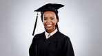 Graduate, black woman and portrait with smile from college and academy achievement in studio. Happy, university student and school success with white background and African female person with study