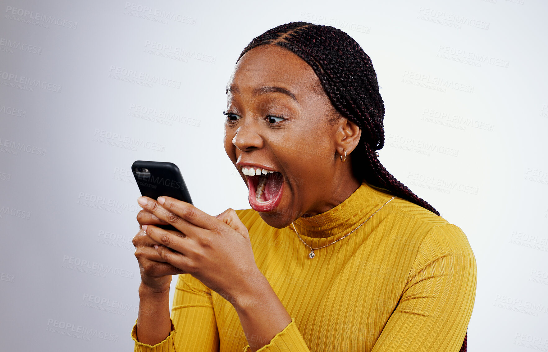 Buy stock photo Woman, reading phone and wow for happy news, social media competition or giveaway success on a white background. African person with surprise, excited and shocked for mobile sale or bonus in studio